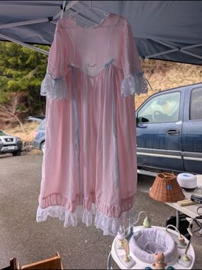 Pink Lace-Trim Nightgown for Girls with Blue Ribbon Accents